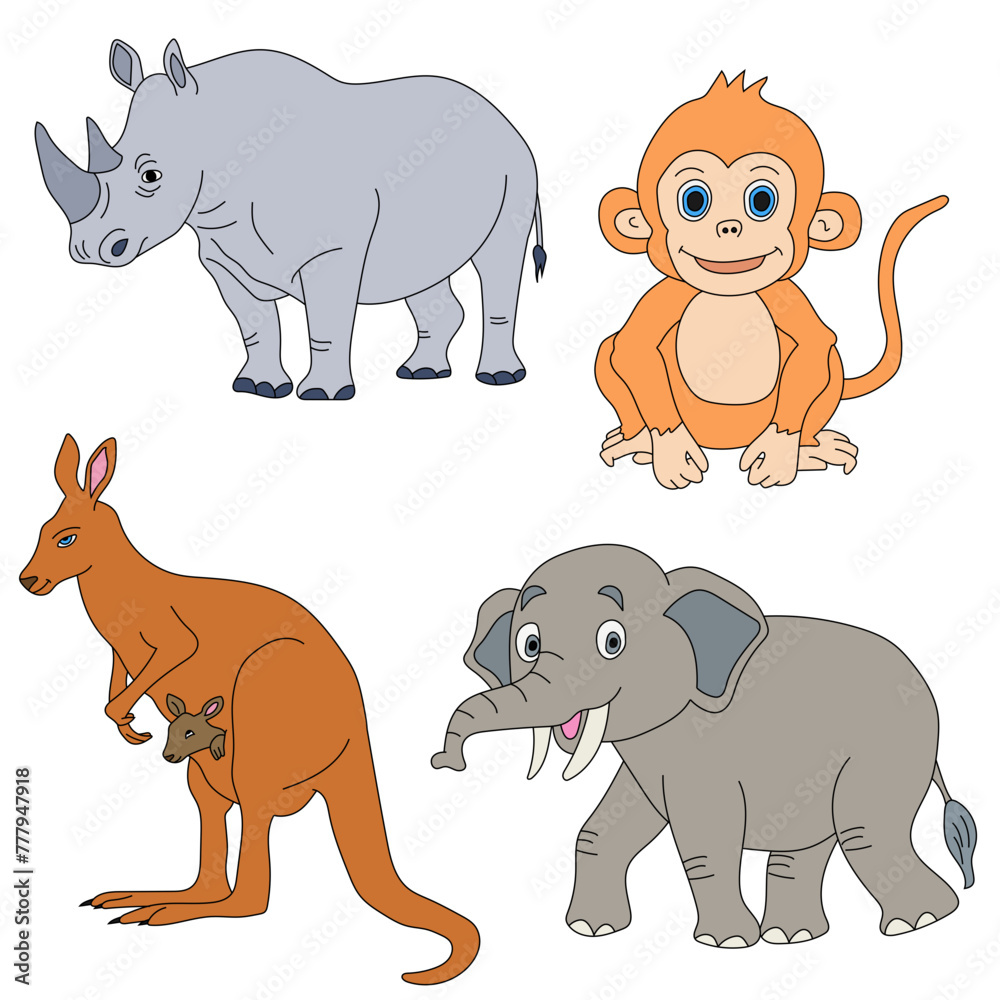 Cartoon Wild Animals Clipart Set for Lovers of Wildlife monkey, rhino, elephant, kangaroo Cartoon Wild Animals Clipart Set for Lovers of Wildlife monkey, rhino, elephant, kangaroo