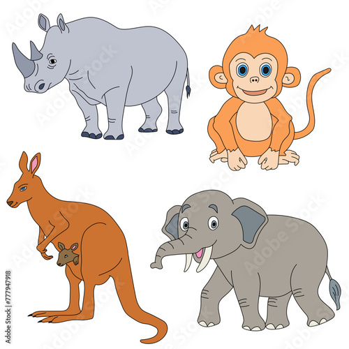 Cartoon Wild Animals Clipart Set for Lovers of Wildlife monkey, rhino, elephant, kangaroo © AhmedSherif