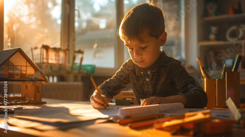 A young child focused on writing in a book at a desk with sunlight streaming in, surrounded by art supplies and toys.