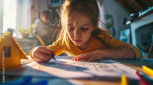 A young girl focuses intently on drawing at a sunlit table strewn with colorful pencils and a small model house.