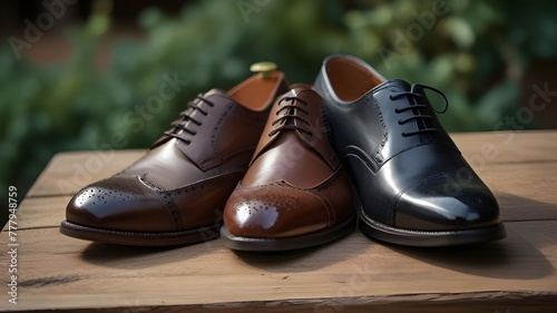 3 mens formal shoes sitting upside down on rustic table. 1st shoe has a leather sole. 2nd shoe has a dainite rubber sole and 3rd has a victory rubber sole