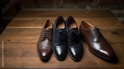 3 mens formal shoes sitting upside down on rustic table. 1st shoe has a leather sole. 2nd shoe has a dainite rubber sole and 3rd has a victory rubber sole