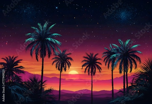 Night landscape with palm trees  against the backdrop of a neon sunset  stars