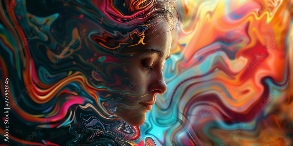 Woman's Silhouette Merged with Vivid Abstract Patterns, Projector Abstract Concept