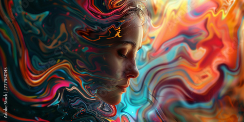 Woman's Silhouette Merged with Vivid Abstract Patterns, Projector Abstract Concept