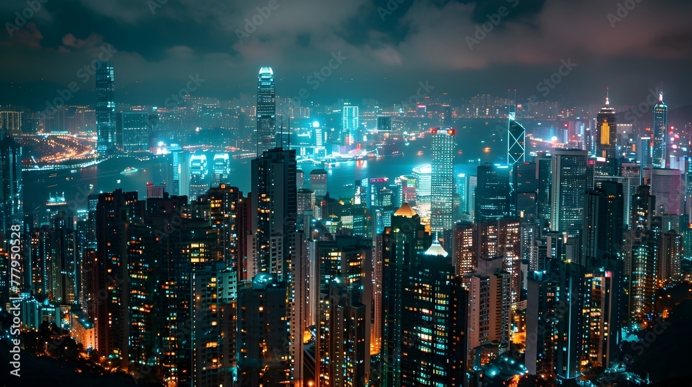 Obraz premium Captivating Cityscape Illuminated at Night - Towering Skyscrapers,Glittering Lights,and the Pulsing Energy of an Urban Metropolis