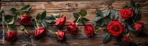 Beautiful Red Roses on a Rustic Wooden Board - Romantic Flower Arrangement for Love  Romance  and Nature Themes - Stock Photo
