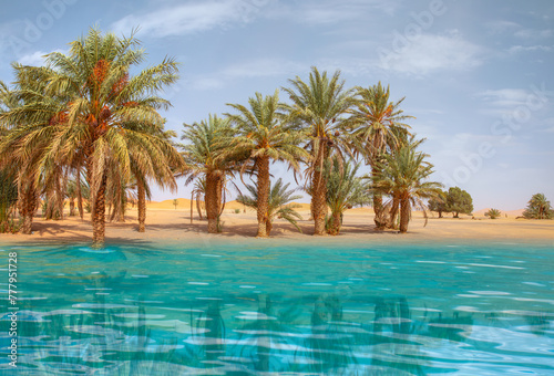 Sand dunes surround the oasis with palm tree and lake - Sahara, Morocco