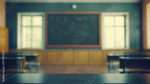 Blurred empty classroom with blackboard and desks. Empty school