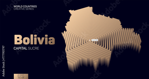 Isometric map of Bolivia with golden hexagon lines