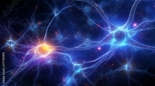 Glowing nerve cells communicate through synaptic connections 