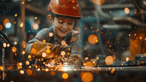 A smiling child in a safety helmet engaging in welding work with sparks flying around, in an industrial setting.