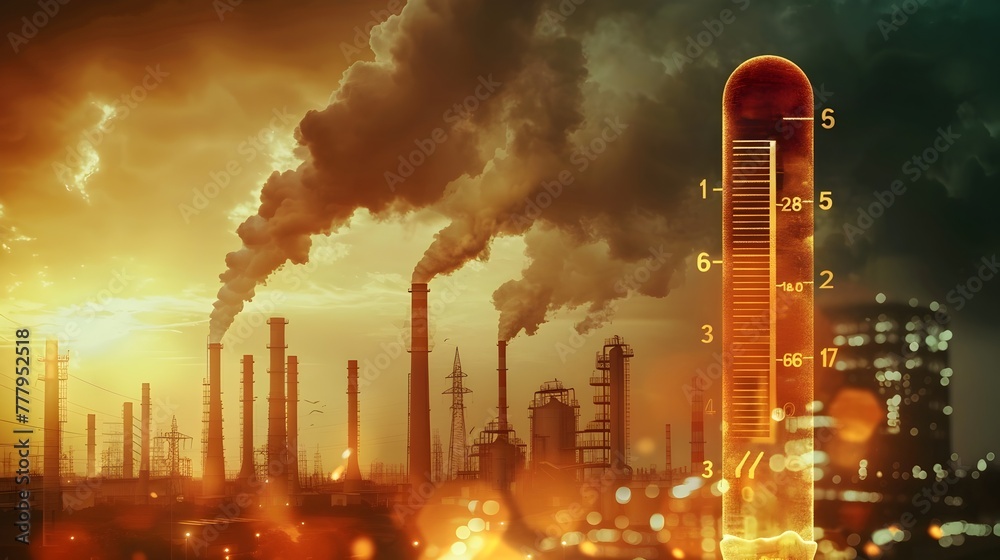 Industrial Smokestacks and Bursting Thermometer Symbolizing Climate Crisis and Environmental Disaster