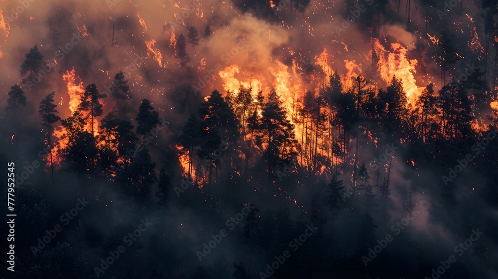 Raging Inferno Engulfs Lush Forest,Revealing the Escalating Consequences of Global Warming - obrazy, fototapety, plakaty 