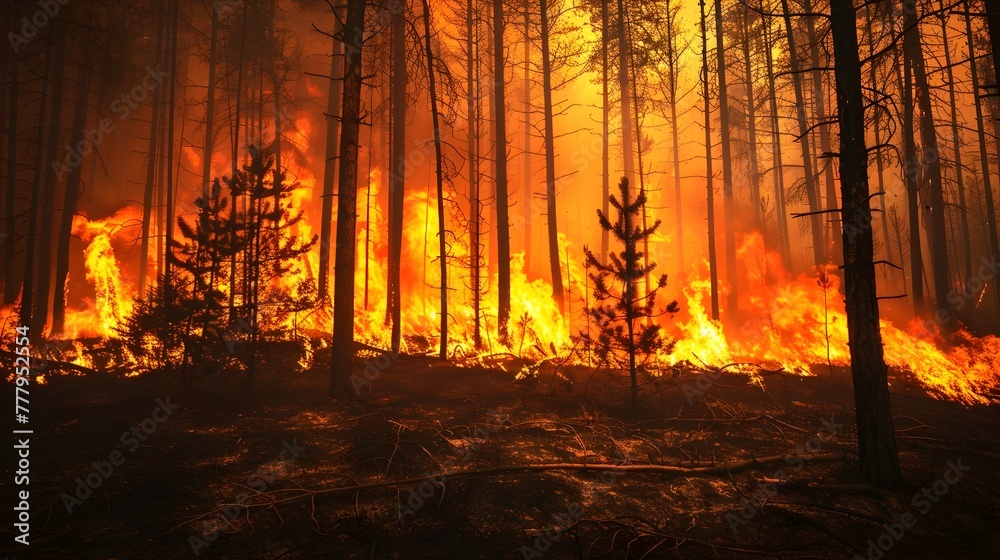 Intense Wildfire Engulfs Lush Forest,Highlighting the Escalating Climate Crisis and Its Devastating Impact on the Environment Intense Wildfire Engulfs Lush Forest,Highlighting the Escalating Climate Crisis and Its Devastating Impact on the Environment