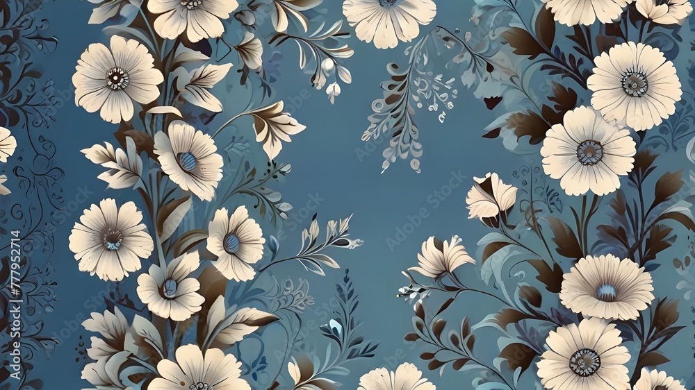 imagine a seamless pattern with a pretty scroll design and blue & white flowers.  Contrasting pastel background.  It has a pretty seamless floral border.  The Design must be seamless.   Photo realist - obrazy, fototapety, plakaty 