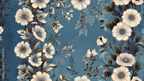 imagine a seamless pattern with a pretty scroll design and blue & white flowers.  Contrasting pastel background.  It has a pretty seamless floral border.  The Design must be seamless.   Photo realist photo
