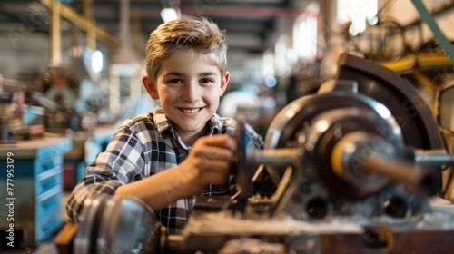 A smiling young person operating machinery in an industrial workshop setting, showing a learning experience or vocational training.