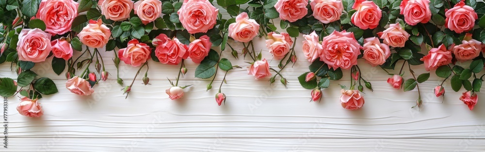 Beautiful Pink Roses Bouquet on White Wooden Background - Top View with Copy Space Beautiful Pink Roses Bouquet on White Wooden Background - Top View with Copy Space