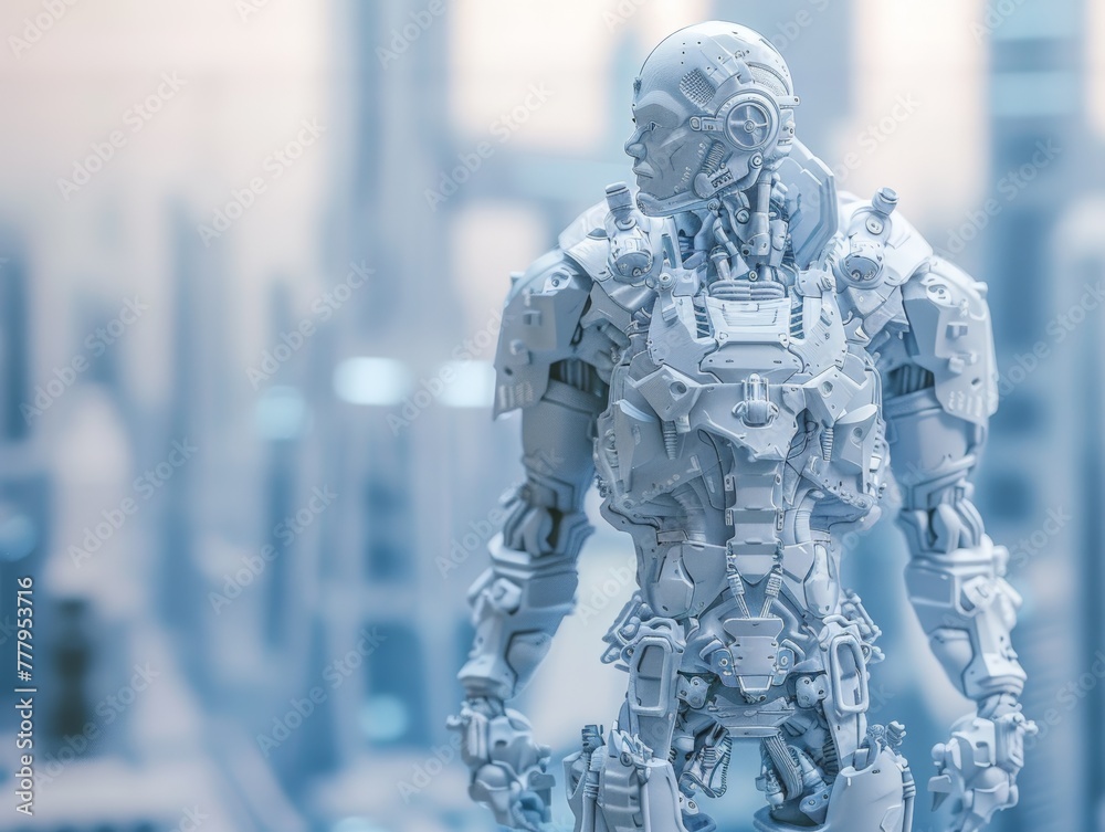 3D render style of a cyborg in a futuristic, isolated on blurred city background 3D render style of a cyborg in a futuristic, isolated on blurred city background