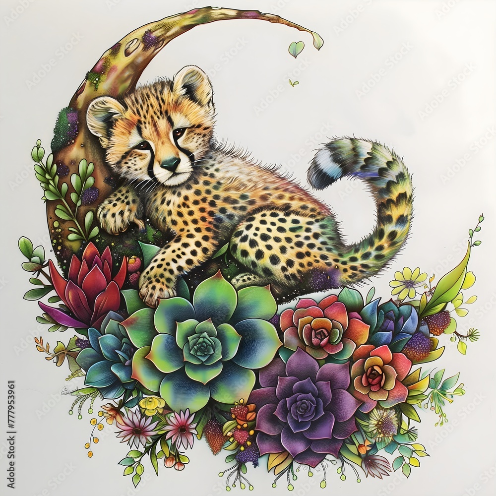 Obraz premium A baby cheetah with iridescent fur, perched on the inside of a crescent shape of its cozy branch adorned with vibrant succulents and flowers, drawn in colored pencil, outlined in black ink