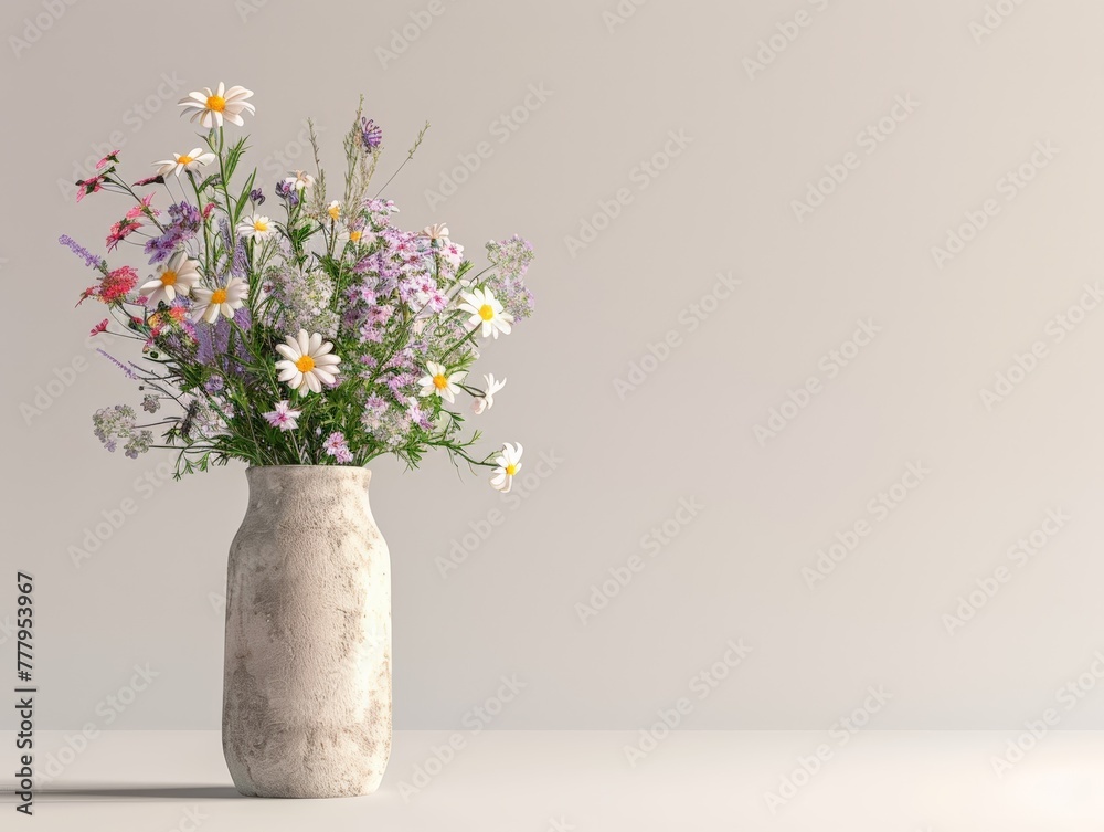 3D render style of a clay jar with wildflower, isolated on cream background, copy space