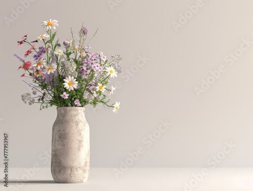 3D render style of a clay jar with wildflower  isolated on cream background  copy space