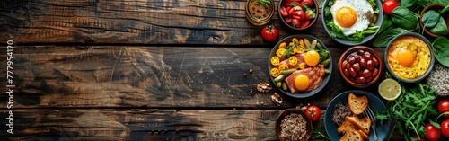 Rustic Brunch Spread for the Family: Overhead View of Breakfast Set on Wooden Table with Copy Space