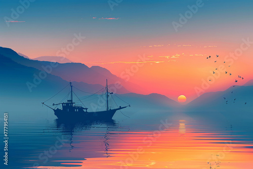 Landscape with fishing ship, sunrise and hills. Silhouette of fishing barge, shore with mountains and morning sky with birds. Vessel sailing in river or lake .Calm sea, boat, coastline and sunset sky