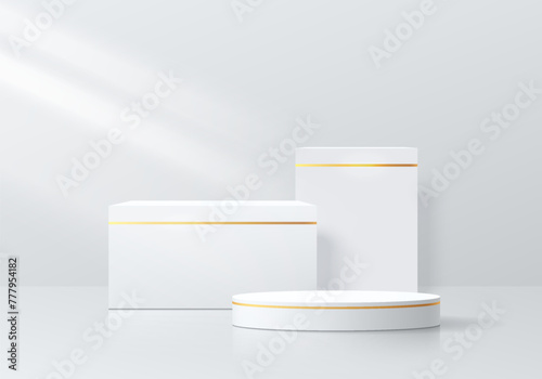 Realistic 3D white cylinder podium background with set of step luxury gray cube pedestal scene. Minimal scene mockup product stage showcase, Cosmetic banner promotion display. Abstract empty platforms