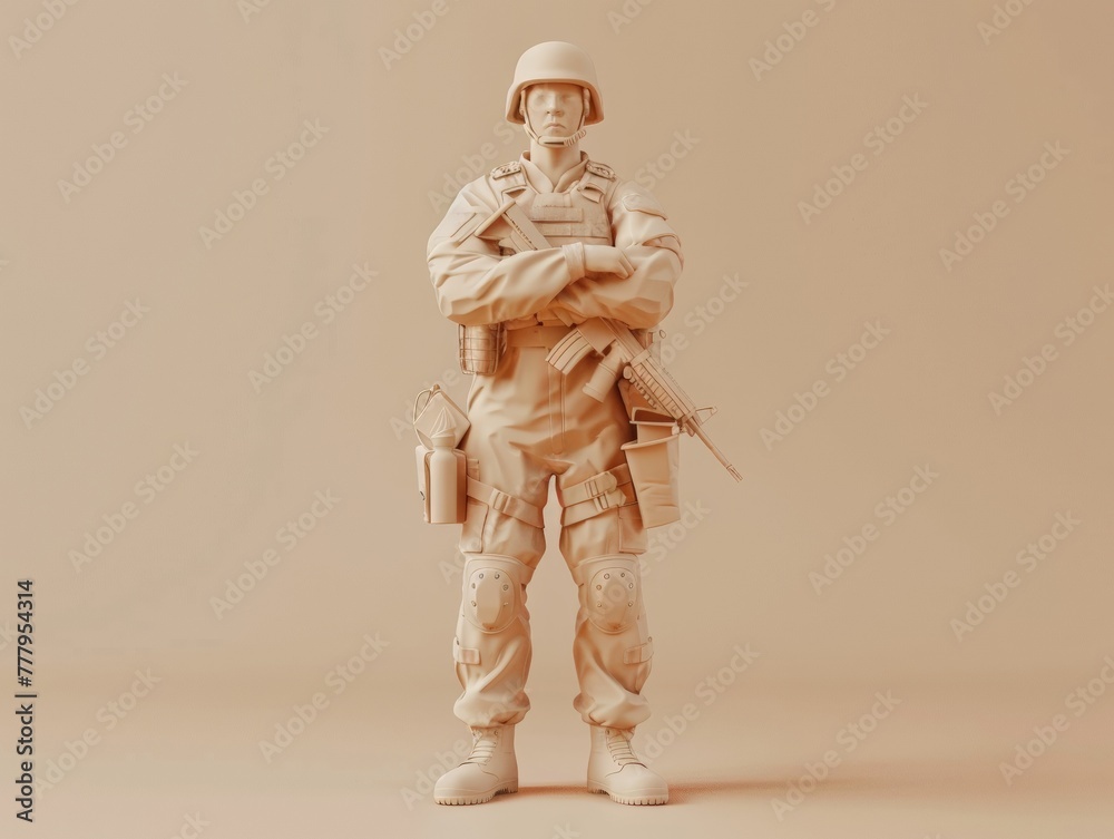 3D render clay style of a soldier standing guard, isolated on tan background