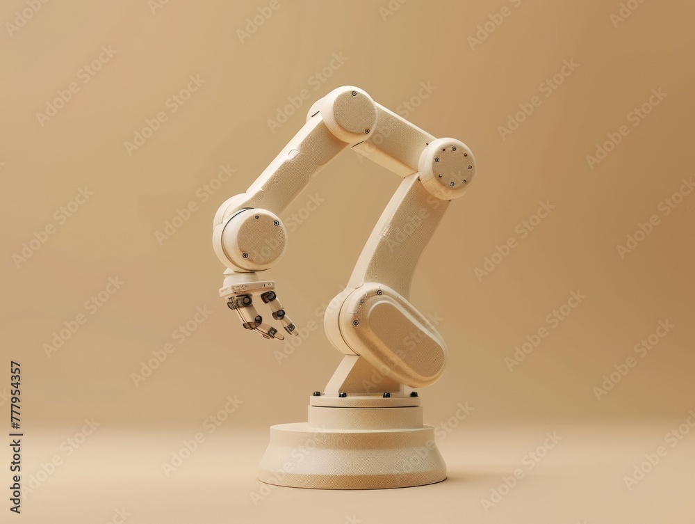 3D render style of robot arm for factory, isolated on tan background ...