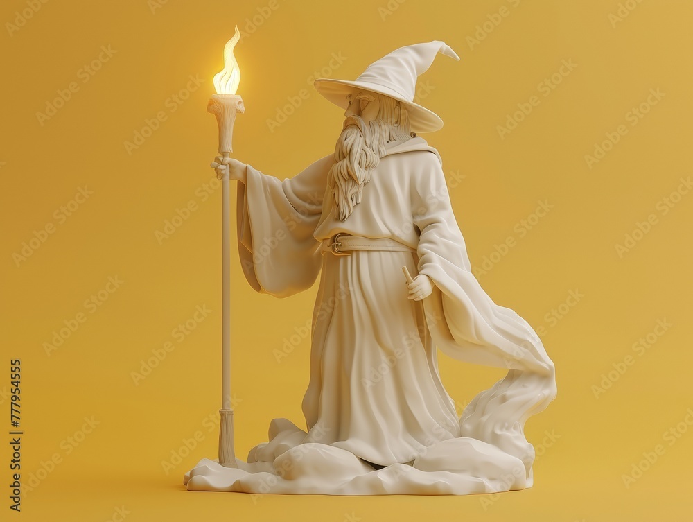 3D render clay style of a wizard casting a spell, isolated on yellow background