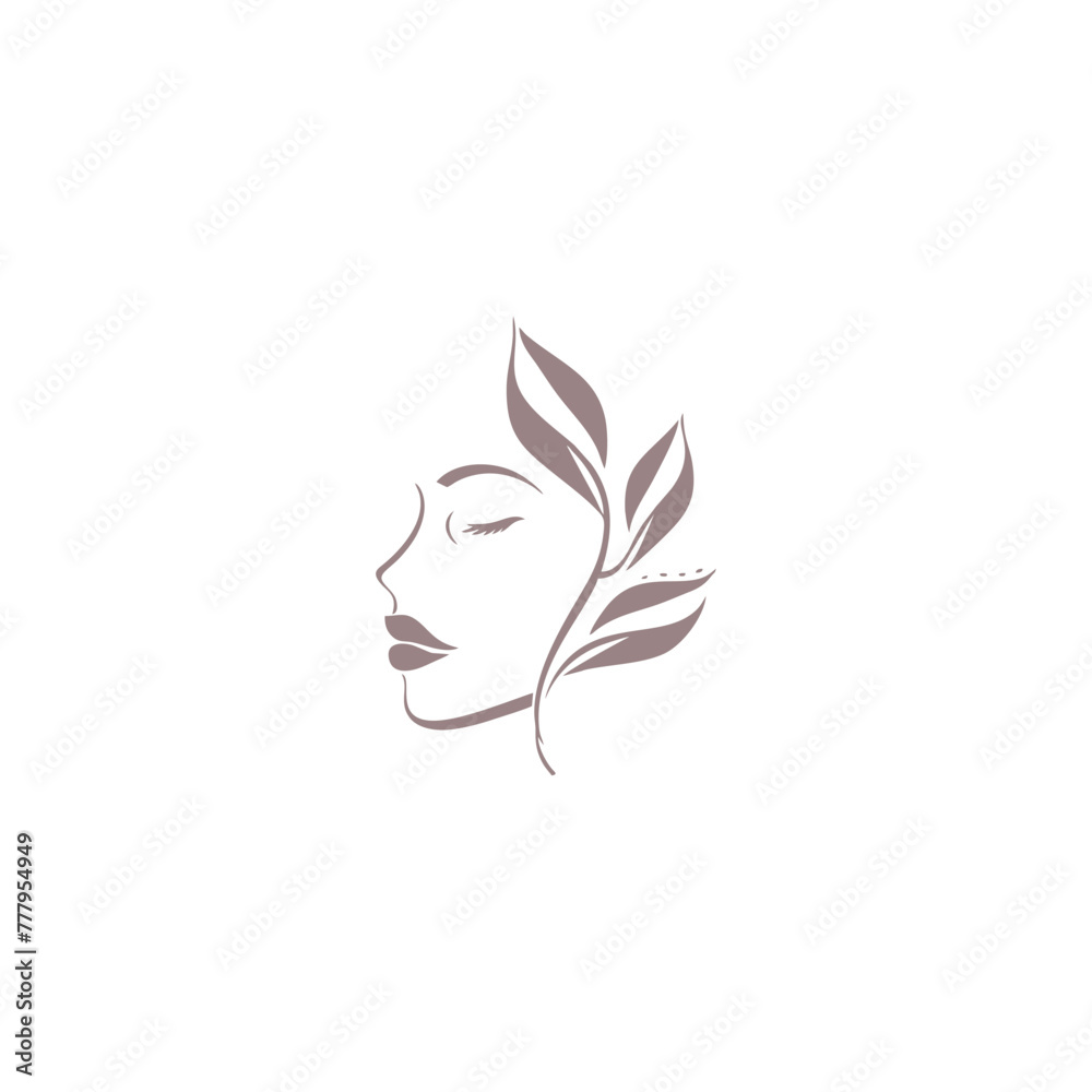 Beauty Woman Face with Leaf Logo Design for Spa.