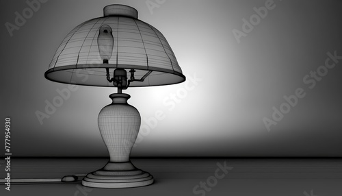 3D wireframe model of a table lamp, showcasing intricate details such as the lampshade, bulb, and base, copy space