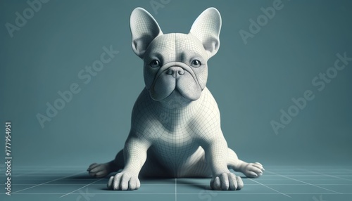 3D wireframe model of a French bulldog in a dynamic pose, sitting 