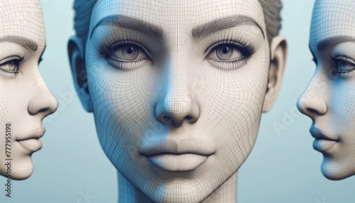 3D wireframe model that captures the structure of a woman's face in detail, showcasing eyes, nose, and lips