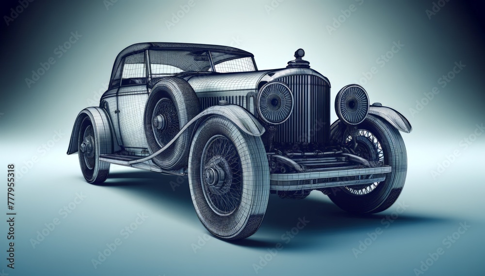 3D wireframe model of a classic car, showcasing the body shape, wheels