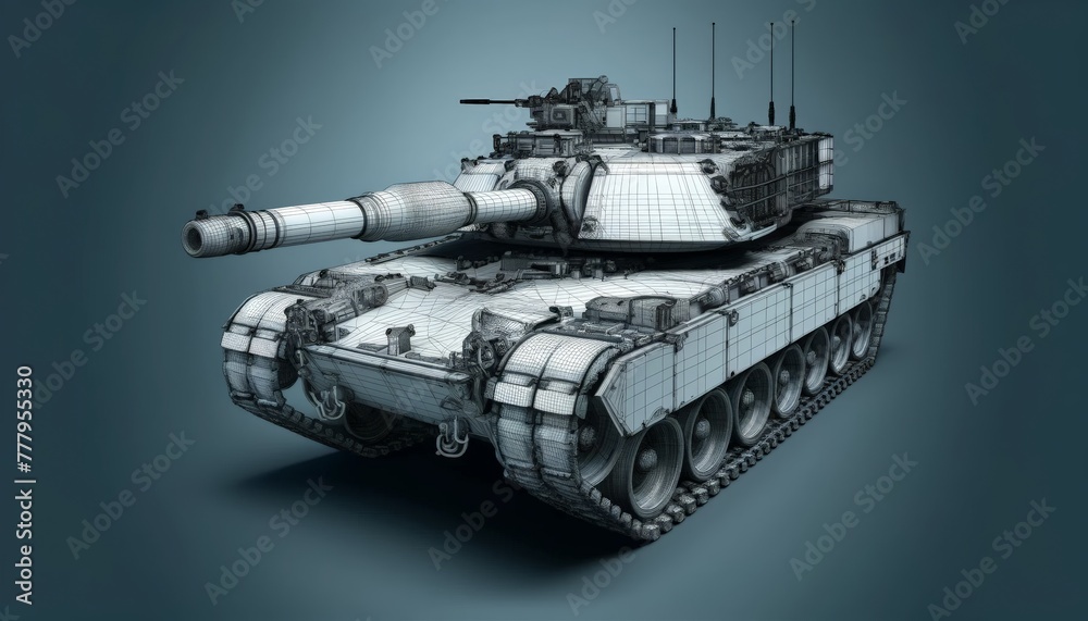 3D wireframe model of a tank model, showcasing the turret, tracks, and hull 3D wireframe model of a tank model, showcasing the turret, tracks, and hull