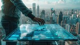 Person interacting with a futuristic holographic display with urban skyline in the background. Concept of advanced technology in a modern city.