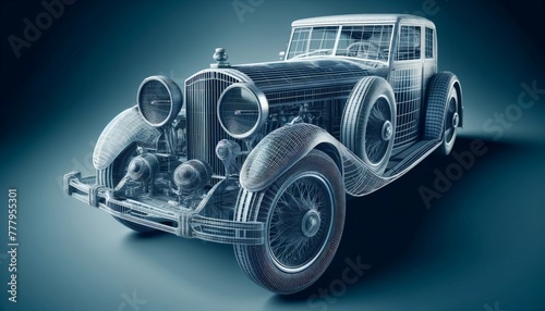 3D wireframe model of a classic car, showcasing the body shape, wheels photo