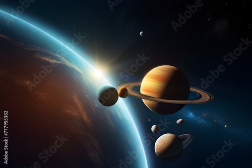 Solar system planet, comet, sun and star.Sun, mercury, Venus, planet earth, Mars, Jupiter, Saturn, Uranus, Neptune. Science and education background. Generative AI