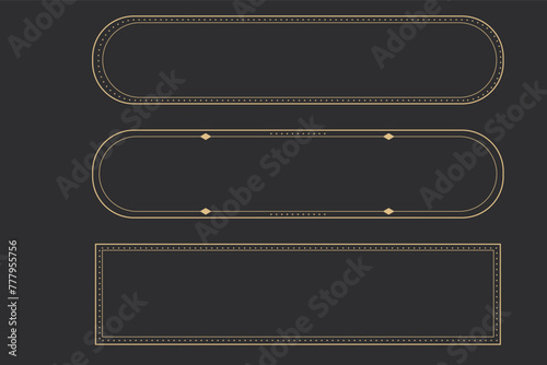 Set long frame thin line gold border shiny panel empty interface fantasy game menu isolated on dark background. Elegant medieval metal design.  © Alyona