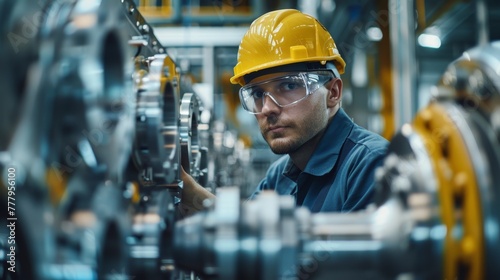 man worker wearing safety goggles control lathe machine to drill components. Metal lathe industrial manufacturing factory