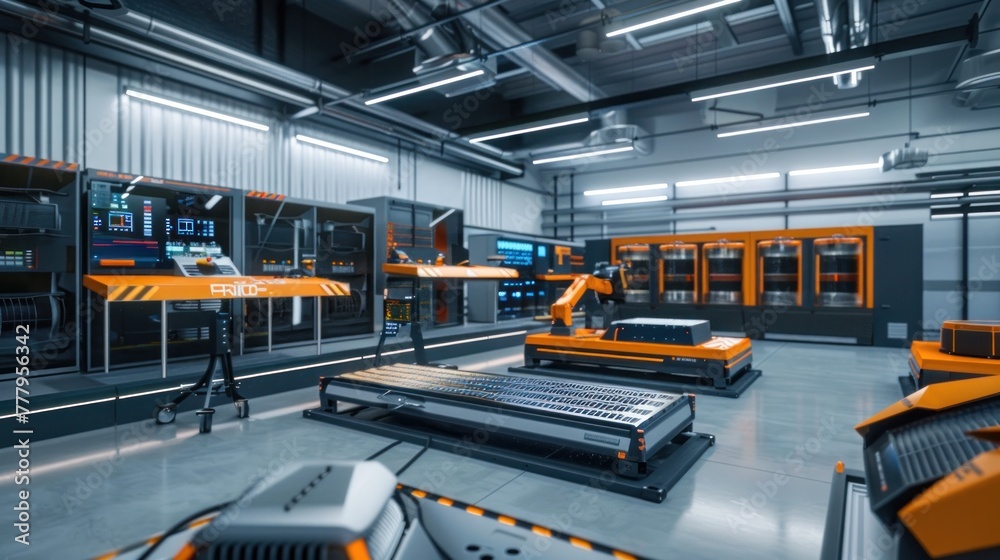 Modern automated factory floor with robotic arms, conveyor belt, and industrial machinery in a clean, organized environment. No people visible.