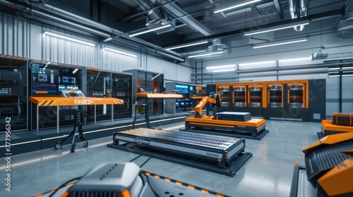 Modern automated factory floor with robotic arms, conveyor belt, and industrial machinery in a clean, organized environment. No people visible.
