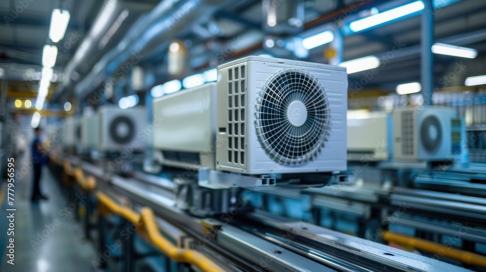 Air conditioner units on an assembly line in a manufacturing plant, with blurred worker in background, industrial production setting.