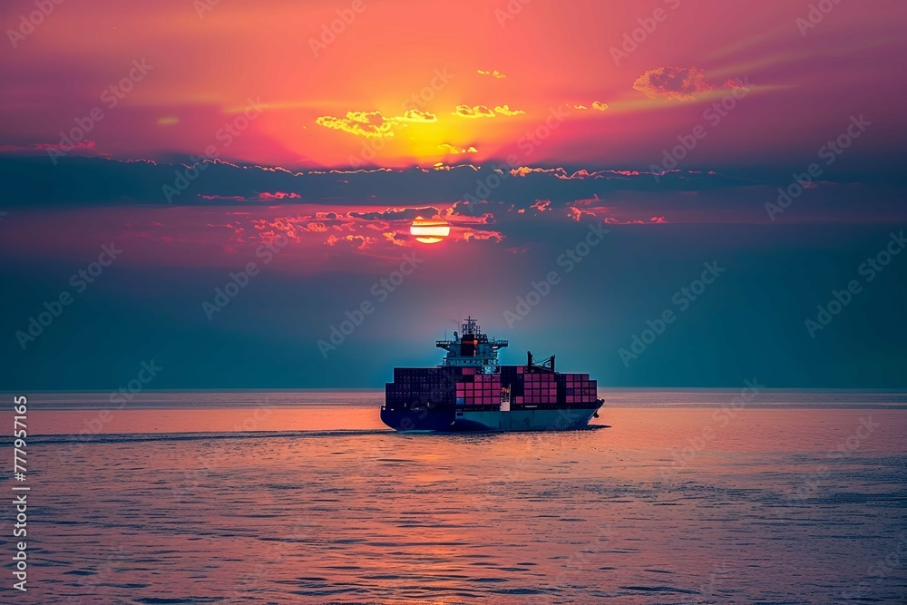 Container ship in the ocean at sunset sky background with copy space, Global business logistics import export goods of freight carrier, cargo transportation industry concept, Sea Freight Shipping.
