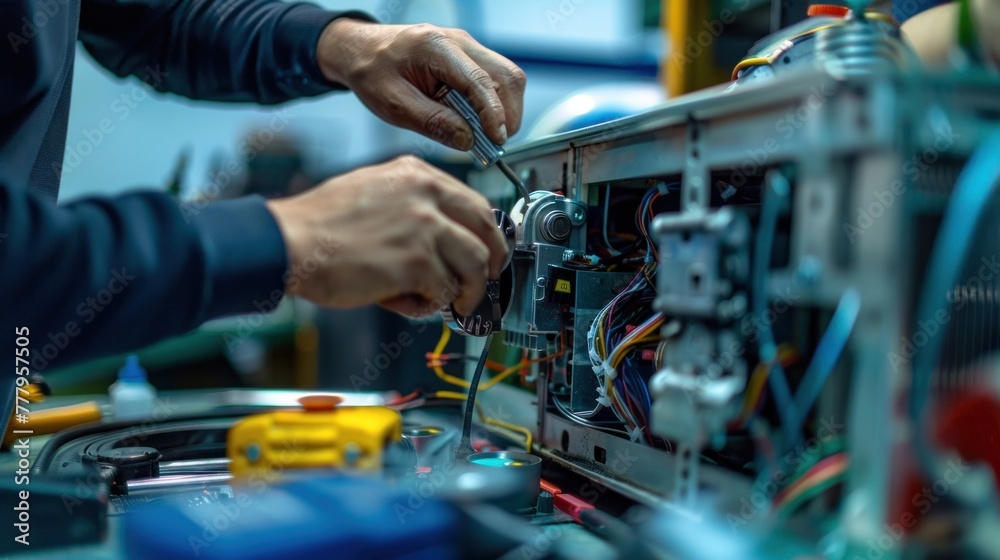 Obraz premium Technician using a screwdriver on an electronic device with open casing surrounded by tools and wires on a workbench.