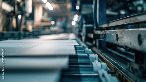 Sheets of paper moving through a modern printing press conveyor in an industrial facility with blurred background.